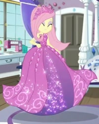 Size: 681x847 | Tagged: safe, derpibooru import, screencap, fluttershy, human, choose your own ending, costume conundrum, costume conundrum: rarity, equestria girls, g4, beautiful, bed, bedroom, clothes, cropped, door, dress, eyes closed, gown, jewelry, princess fluttershy, rug, sewing machine, solo, tiara, twirl, window