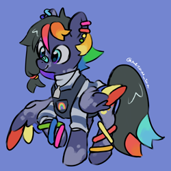 Size: 4096x4096 | Tagged: safe, artist:metaruscarlet, derpibooru import, oc, oc only, oc:pride heart, pegasus, pony, anklet, bandaid, bandaid on nose, blue background, clothes, ear piercing, earring, jewelry, necklace, pegasus oc, piercing, rainbow, raised hoof, raised leg, simple background, solo, vitiligo, wings