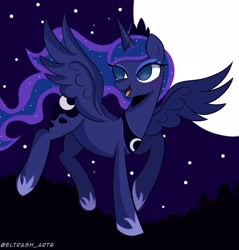 Size: 1958x2048 | Tagged: safe, artist:eltrash_art6, derpibooru import, princess luna, alicorn, pony, g4, crown, cute, eyeshadow, female, flying, hoof shoes, jewelry, lunabetes, makeup, mare, moon, open mouth, regalia, solo