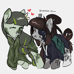 Size: 4096x4096 | Tagged: safe, artist:metaruscarlet, derpibooru import, oc, oc only, oc:ohasu, oc:sawa (ice1517), earth pony, pony, clothes, couple, duo, duo female, earth pony oc, eyepatch, female, flower, heart, japanese, kimono (clothing), lesbian, looking at each other, looking at someone, raised hoof, raised leg, smiling, smiling at each other, spotted, tattoo, torn ear