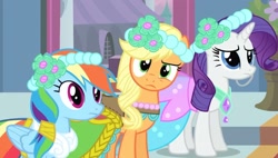 Size: 2126x1211 | Tagged: safe, derpibooru import, screencap, applejack, rainbow dash, rarity, earth pony, pegasus, pony, unicorn, a canterlot wedding, g4, season 2, alternate hairstyle, beautiful, bridesmaid, bridesmaid applejack, bridesmaid dash, bridesmaid dress, bridesmaid rarity, bridesmaids, bush, canterlot, canterlot castle, clothes, confused, dress, female, floral head wreath, flower, flower in hair, force field, gown, horn, mare, royal wedding, steps, trio, trio female