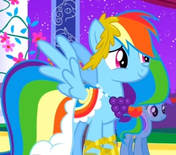 Size: 1076x953 | Tagged: safe, derpibooru import, screencap, diamond mint, rainbow dash, pegasus, pony, unicorn, g4, season 1, the best night ever, alternate hairstyle, beautiful, canterlot, clothes, cropped, dress, female, flower, gala, gala dress, gown, grand galloping gala, happy, horn, mare, night, rainbow dash's first gala dress, rope, smiling, spread wings, wings