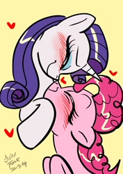 Size: 1240x1754 | Tagged: safe, artist:jully-park, derpibooru import, pinkie pie, rarity, earth pony, pony, unicorn, g4, blush lines, blushing, boop, duo, duo female, eyes closed, female, horn, lesbian, lidded eyes, noseboop, raripie, shipping, simple background, yellow background