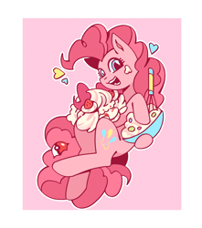 Size: 1500x1700 | Tagged: safe, artist:shedu256, derpibooru import, pinkie pie, earth pony, pony, g4, alcremie, baking, bowl, crossover, female, heart, mare, open mouth, open smile, outline, passepartout, patterned background, poké ball, pokémon, smiling, white outline