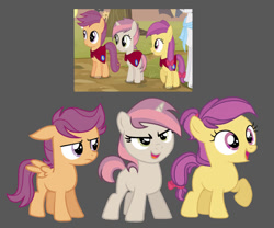 Size: 981x815 | Tagged: safe, artist:rarityflower, derpibooru import, oc, oc:apple jazz, oc:lightening, oc:pixel music, earth pony, pegasus, pony, unicorn, g4, colt, female, filly, foal, horn, male, not scootaloo, not sweetie belle, offspring, parent:apple bloom, parent:button mash, parent:rumble, parent:scootaloo, parent:sweetie belle, parent:tender taps, parents:rumbloo, parents:sweetiemash, parents:tenderbloom, trio