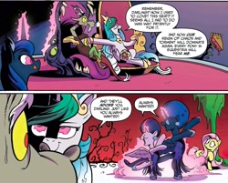 Size: 2034x1638 | Tagged: safe, artist:andypriceart, derpibooru import, idw, discord, fluttershy, princess celestia, princess luna, twilight sparkle, twilight sparkle (alicorn), alicorn, draconequus, pegasus, g4, spoiler:comic, spoiler:comic75, canterlot castle, clothes, cosmos, dancing, dress, food, magic, mind control, official comic, pie, possessed, telekinesis, throne, throne room