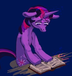 Size: 1280x1348 | Tagged: safe, artist:starstation, derpibooru import, twilight sparkle, unicorn twilight, pony, unicorn, g4, blue background, book, ears, floppy ears, horn, magic, reading, simple background, solo