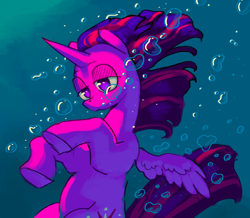 Size: 1280x1118 | Tagged: safe, artist:starstation, derpibooru import, twilight sparkle, twilight sparkle (alicorn), alicorn, pony, g4, bubble, flowing mane, flowing tail, horn, ocean, solo, spread wings, sunlight, swimming, tail, underwater, water, wings