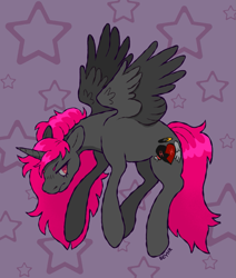 Size: 933x1101 | Tagged: safe, artist:beyhr, derpibooru import, oc, oc only, oc:halo, alicorn, pony, alicorn oc, artfight, colored eyebrows, colored wings, colored wingtips, female, flying, frown, gift art, gray coat, gray wingtips, horn, lidded eyes, long mane, long tail, looking back, mare, mare oc, narrowed eyes, no catchlights, partially open wings, patterned background, pink eyes, pink mane, pink tail, ponysona, profile, shiny mane, shiny tail, signature, solo, stars, tail, two toned background, two toned wings, unicorn horn, wings