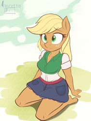 Size: 3000x4000 | Tagged: safe, alternate version, artist:azuretto, derpibooru import, applejack, anthro, earth pony, unguligrade anthro, g4, clothes, colored, equestria girls outfit, female, flat colors, frown, high res, kneeling, solo