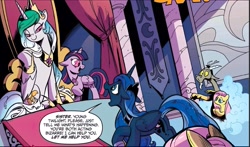 Size: 4124x2432 | Tagged: safe, artist:andypriceart, derpibooru import, idw, discord, fluttershy, princess celestia, princess luna, twilight sparkle, twilight sparkle (alicorn), alicorn, pegasus, g4, spoiler:comic, spoiler:comic75, canterlot castle, cosmos, mind control, official comic, smoke, teleportation, throne, throne room