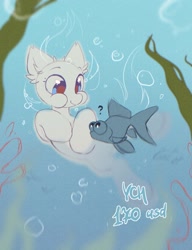 Size: 1570x2048 | Tagged: safe, artist:mirtash, derpibooru import, oc, oc only, fish, pony, blue eyes, blue text, bubble, cheeks, colored pupils, commission, ear fluff, ears, kelp, looking at something, puffy cheeks, question mark, red pupils, smiling, solo, submerged, swimming, text, underwater, water, ych sketch, your character here