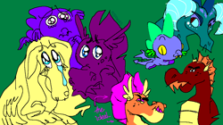 Size: 1059x595 | Tagged: safe, artist:msponies, derpibooru import, fluttershy, garble, princess ember, smolder, spike, dragon, pegasus, pony, g4, green background, pixel-crisp art, simple background, winged spike, wings