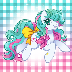 Size: 2400x2400 | Tagged: safe, artist:sparkytopia, derpibooru import, oc, oc only, earth pony, pony, g3, bow, female, looking at you, mlptp posty, patterned background, pink mane, signature, solo, tail, tail bow, teal eyes, teal mane, white coat