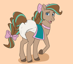 Size: 1960x1734 | Tagged: safe, artist:drasill, derpibooru import, horse, abdl, bow, cocoa (wild manes), diaper, diaper fetish, embarrassed, fetish, hair bow, looking at you, looking back, non-baby in diaper, raised hoof, raised leg, shocked, shocked expression, simple background, solo, tail, tail bow, wild manes