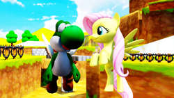 Size: 1920x1080 | Tagged: safe, artist:superpac-mario64, derpibooru import, fluttershy, dinosaur, pegasus, g4, 3d, mmd, super mario bros., wings, yoshi