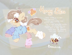 Size: 2048x1575 | Tagged: safe, artist:mirtash, derpibooru import, oc, oc only, oc:honey bliss, bee, earth pony, insect, pony, adoptable, adoptable open, bags under eyes, big hooves, blue sweater, brown eyelashes, brown pupils, bumblebee, cheek fluff, clothes, colored eyelashes, colored pupils, curly hair, curly mane, curly tail, ear fluff, ears, earth pony oc, eyelashes, for sale, freckles, golden eyes, heart, heart eyes, hock fluff, leg warmers, looking back, outline, profile, raised hooves, raised leg, reference sheet, smiling, solo, standing, standing on one leg, starry eyes, sweater, tail, tan coat, text, thin, turtleneck, turtleneck sweater, two toned mane, two toned tail, wall of tags, white text, wingding eyes, yellow text