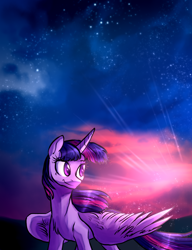 Size: 1178x1536 | Tagged: safe, artist:not-ordinary-pony, derpibooru exclusive, derpibooru import, twilight sparkle, twilight sparkle (alicorn), alicorn, g4, backlighting, crepuscular rays, female, mare, partially open wings, smiling, solo, sparkles, sternocleidomastoid, sunset, tail, windswept mane, windswept tail, wings