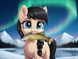 Size: 2048x1536 | Tagged: safe, ai content, artist:dovakkins, derpibooru import, machine learning assisted, oc, oc only, fish, pony, aurora borealis, cute, female, fluffy, forest, looking at you, mare, mountain, mountain range, mouth hold, nature, smiling, smiling at you, snow, snowpony (species), solo, taiga pony, tree, yakutian horse