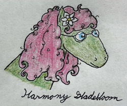 Size: 1681x1414 | Tagged: safe, artist:peacepetal, derpibooru import, oc, oc only, oc:harmony gladebloom, earth pony, pony, bust, colored pencil drawing, curly hair, curly mane, cursive writing, earth pony oc, glasses, hoers, magnolia flower, messy mane, portrait, rectangular pupil, simple background, solo, traditional art