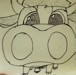 Size: 2448x2436 | Tagged: safe, artist:wren, derpibooru import, arizona cow, cow, them's fightin' herds, bell, community related, cowbell, monochrome, solo, stare, sticky note, traditional art