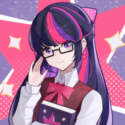 Size: 1600x1600 | Tagged: safe, artist:ashen, derpibooru import, twilight sparkle, human, g4, book, bust, clothes, cutie mark background, ear piercing, female, glasses, humanized, looking at you, piercing, pixiv, raised hand, school uniform, smiling, solo