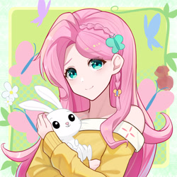 Size: 1600x1600 | Tagged: safe, artist:ashen, derpibooru import, angel bunny, fluttershy, human, rabbit, g4, animal, bust, clothes, cutie mark background, duo, female, holding, humanized, looking at you, off shoulder, off shoulder sweater, pixiv, shoulderless, smiling, sweater