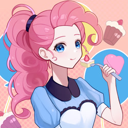 Size: 1600x1600 | Tagged: safe, artist:ashen, derpibooru import, pinkie pie, human, g4, :q, apron, bust, cake, clothes, cutie mark background, female, food, fork, humanized, looking at you, pixiv, server pinkie pie, smiling, solo, tongue, tongue out