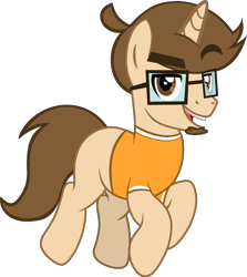 Size: 2413x2702 | Tagged: safe, artist:stephen-fisher, derpibooru import, oc, oc only, oc:saberspark, pony, unicorn, g4, clothes, glasses, horn, male, ponified, ponified youtuber, rule 85, saberspark, shirt, simple background, solo, species swap, transparent background, youtuber