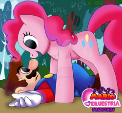 Size: 827x764 | Tagged: safe, artist:pokemonfan111, derpibooru import, pinkie pie, earth pony, human, pony, comic:mario in equestria, g4, crossover, deviantart watermark, duo, duo male and female, female, male, mario, obtrusive watermark, super mario bros., watermark