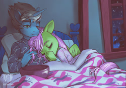 Size: 1772x1238 | Tagged: safe, artist:ladysdino, derpibooru import, fluttershy, oc, oc:rope trick, anthro, pegasus, unicorn, g4, bed, bowl, canon x oc, clothes, commission, cuddling, duo, duo male and female, female, fluttershy's bedroom, horn, in bed, male, pajamas, shipping, sleeping, straight, window