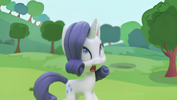 Size: 1920x1080 | Tagged: safe, derpibooru import, screencap, rarity, pony, unicorn, g4, g4.5, gem of a problem, my little pony: stop motion short, cute, horn, shocked, solo, tree