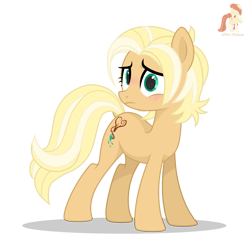 Size: 2500x2500 | Tagged: safe, artist:r4hucksake, derpibooru import, oc, oc only, oc:sandstone odyssey, earth pony, pony, blonde, blonde mane, blonde tail, blush lines, blushing, earth pony oc, female, frown, green eyes, long tail, looking back, mare, mare oc, shadow, short mane, signature, simple background, solo, standing, story included, tail, tan coat, transparent background, two toned mane, two toned tail