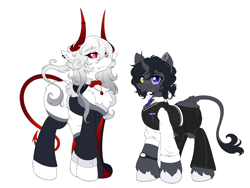 Size: 5960x4473 | Tagged: safe, artist:焰心fireworks, derpibooru import, oc, oc only, oc:bloody opus, oc:resty, pony, undead, unicorn, vampire, duo, duo male and female, female, horn, male, simple background, white background