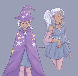 Size: 1883x1819 | Tagged: safe, artist:starryducks, derpibooru import, trixie, human, g4, alternate hairstyle, blue background, cape, choker, clothes, dress, ear piercing, earring, eyeshadow, female, grin, hat, humanized, jewelry, lipstick, magic wand, makeup, piercing, ponytail, simple background, smiling, solo, trixie's cape, trixie's hat, wand