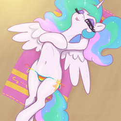 Size: 3000x3000 | Tagged: safe, alternate version, artist:t72b, derpibooru import, princess celestia, rainbow dash, alicorn, pony, :p, ;p, armpits, beach towel, belly, belly button, bikini, bikini bottom, blush lines, blushing, clothes, covering, covering chest, female, looking at you, lying down, lying on the ground, mare, on back, on ground, one eye closed, rainbow bikini, rainbow dash bikini, rainbow swimsuit, sand, side-tie bikini, smiling, smiling at you, solo, spread wings, striped bikini, striped swimsuit, sun bathing, swimsuit, tongue, tongue out, topless, towel, underwear, wings, wink, winking at you