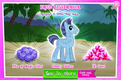 Size: 1965x1297 | Tagged: safe, derpibooru import, idw, zebra, g4, advertisement, coat markings, costs real money, english, gameloft, gem, idw showified, introduction card, magic coins, male, mobile game, my little pony: magic princess, numbers, official, solo, stallion, swirls, swirly markings, text, zahid