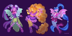 Size: 2048x1037 | Tagged: safe, artist:iksiudodi_, derpibooru import, part of a set, adagio dazzle, aria blaze, sonata dusk, human, equestria girls, g4, female, ponied up, purple background, redraw, simple background, the dazzlings, trio, trio female