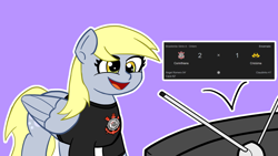 Size: 1920x1080 | Tagged: safe, artist:claynus, derpibooru import, derpy hooves, pegasus, pony, clothes, corinthians, football, purple background, shirt, simple background, solo, sports, television