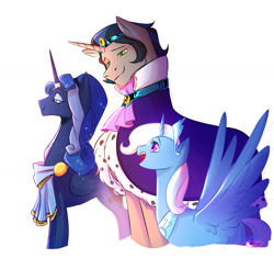 Size: 1700x1600 | Tagged: safe, artist:btanimator, derpibooru import, idw, king sombra, princess luna, trixie, alicorn, pony, unicorn, reflections, alicornified, artemis luna, female, good king sombra, height difference, horn, male, mare, mirror universe, open mouth, open smile, princess of humility, race swap, simple background, smiling, spread wings, stallion, trio, trixiecorn, white background, wings