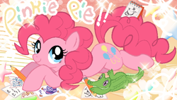 Size: 608x345 | Tagged: safe, artist:dethtwink, artist:muffinz, derpibooru import, gummy, pinkie pie, alligator, earth pony, pony, cute, diapinkes, drawing, duo, lying down, name, notepad, pencil, pink coat, prone, smiling, solo, sparkles, sploot