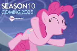 Size: 1280x853 | Tagged: safe, derpibooru import, pinkie pie, earth pony, pony, g4, ^^, eyes closed, fake, faker than a three dollar bill, female, hub logo, logo, mare, season 10, the hub