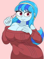 Size: 3000x4000 | Tagged: safe, artist:c_w, derpibooru import, sonata dusk, human, equestria girls, g4, breasts, cleavage, clothes, cosplay, costume, curvy, ear piercing, earring, eyelashes, eyeshadow, hand on breasts, hand on chest, jewelry, looking at you, makeup, piercing, smiling, smiling at you, solo, sonata bust, spy x family, sweater, yor forger