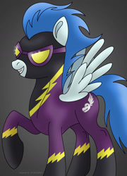 Size: 1024x1424 | Tagged: safe, artist:lavenderrain24, derpibooru import, nightshade, pegasus, pony, clothes, costume, female, mare, raised hoof, raised leg, shadowbolts, shadowbolts costume, smiling, solo, spread wings, wings