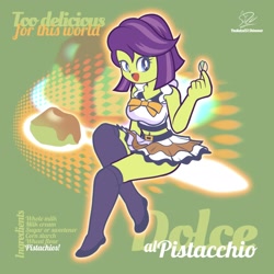 Size: 1920x1920 | Tagged: safe, artist:theratedrshimmer, derpibooru import, victoria, human, equestria girls, g4, adorasexy, aesthetics, chibi, chromatic aberration, clothes, cute, dessert, female, food, maid, sexy, skirt, socks, solo, spoon, stockings, thigh highs, y2k