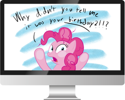 Size: 3662x2909 | Tagged: safe, artist:solarflare6041, derpibooru import, pinkie pie, earth pony, pony, g4, abstract background, breaking the fourth wall, computer, monitor, solo, speech bubble, text