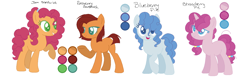 Size: 1434x476 | Tagged: safe, artist:trollertnt, derpibooru import, oc, oc only, oc:blueberry pie, oc:jam sandwich, oc:raspberry jam, oc:strawberry pie, earth pony, pony, unicorn, base used, blue coat, blue eyes, blue pupils, brown coat, color palette, colored pupils, earth pony oc, female, green eyes, green pupils, grin, half-siblings, horn, mare, name, offspring, open mouth, open smile, orange coat, parent:cheese sandwich, parent:pinkie pie, parent:pokey pierce, parents:cheesepie, parents:pokeypie, pink coat, siblings, simple background, sisters, smiling, teeth, unicorn oc, white background