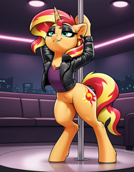 Size: 800x1024 | Tagged: safe, ai content, derpibooru import, generator:pony diffusion v6 xl, generator:stable diffusion, machine learning generated, sunset shimmer, pony, unicorn, g4, bipedal, clothes, dance floor, eyeshadow, female, goth, horn, makeup, mare, prompter:thelight3d, solo, stripper pole