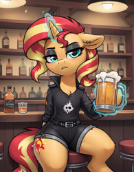 Size: 800x1024 | Tagged: safe, ai content, derpibooru import, generator:pony diffusion v6 xl, generator:stable diffusion, machine learning generated, sunset shimmer, pony, unicorn, g4, alcohol, bar, barstool, beer, clothes, female, horn, magic, mare, prompter:thelight3d, solo, telekinesis