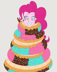 Size: 1639x2048 | Tagged: safe, alternate version, artist:hiromasayoshi, derpibooru import, pinkie pie, human, equestria girls, g4, alternate, coils, cute, diapinkes, donut, donut snake, female, food, gray background, grin, hypno eyes, hypno pie, hypnosis, hypnotized, kaa eyes, simple background, smiling, wrapped snugly, wrapped up